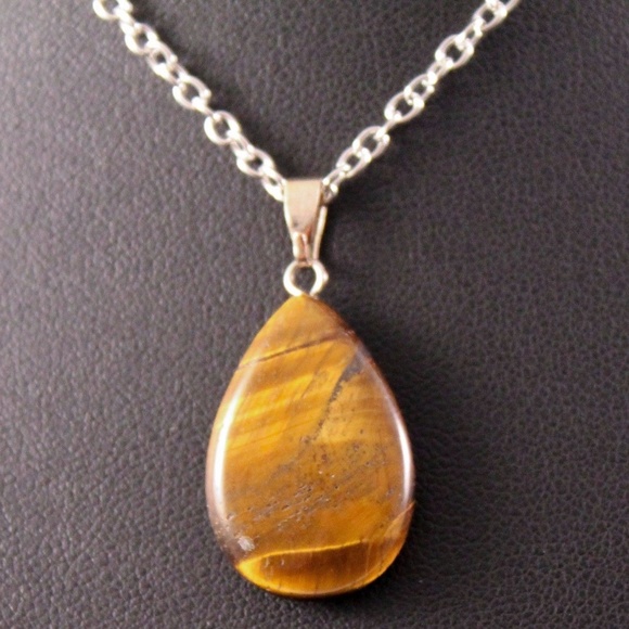 Natural Tigers Eye Teardrop Pendant Necklace - Picture 3 of 6